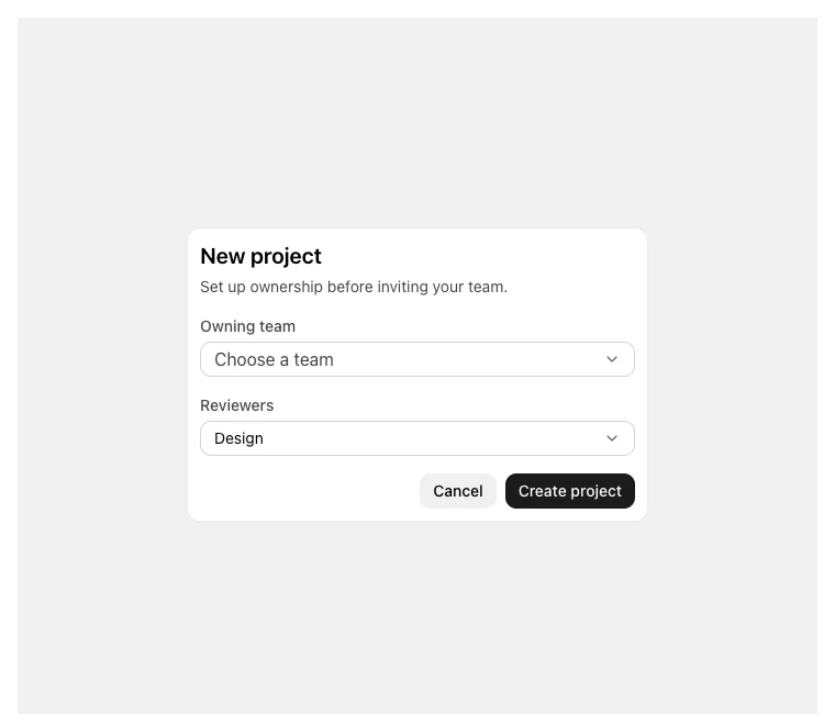 A compact project form where opening the Owning team Selector animates its adaptive bottom sheet into view, then dismisses it. The Reviewers MultiSelector remains visible in the same product context.